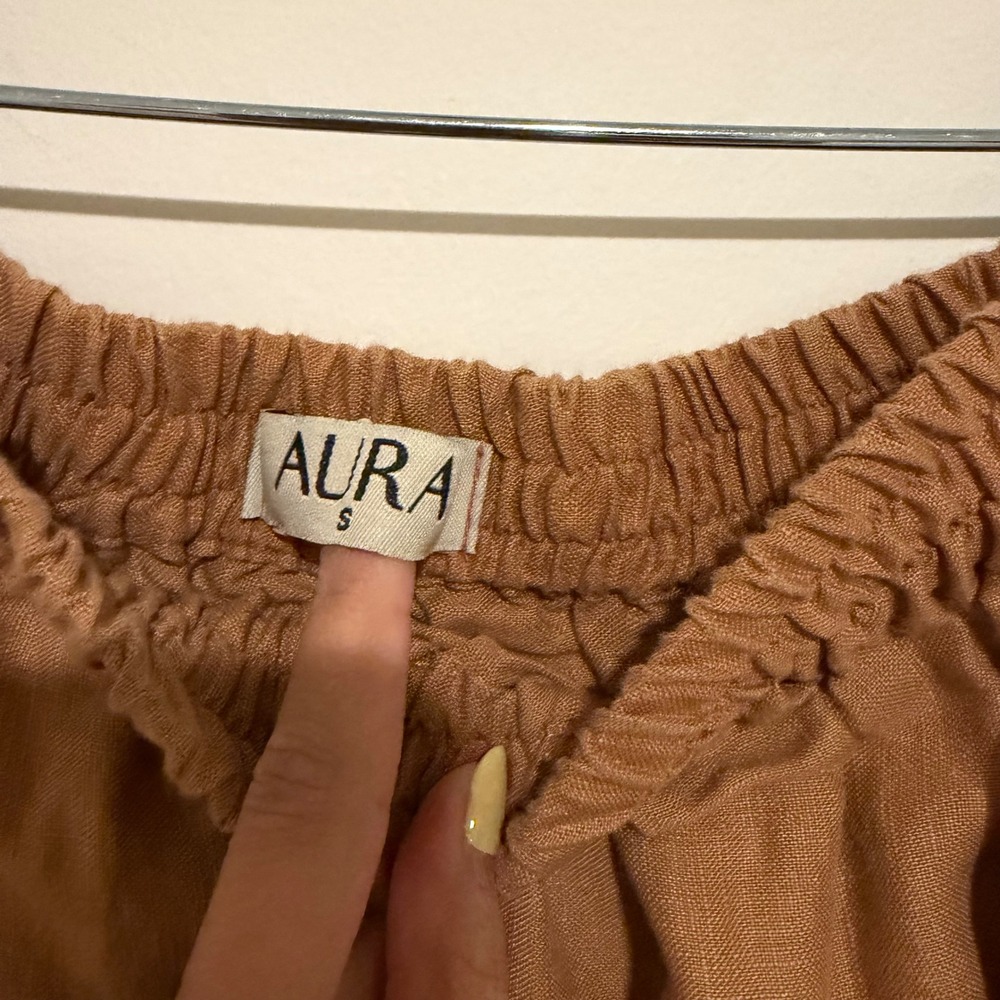 Aura Womens Linen Tiered Maxi Skirt and Crop Top Set Brown Small - Picture 2 of 5
